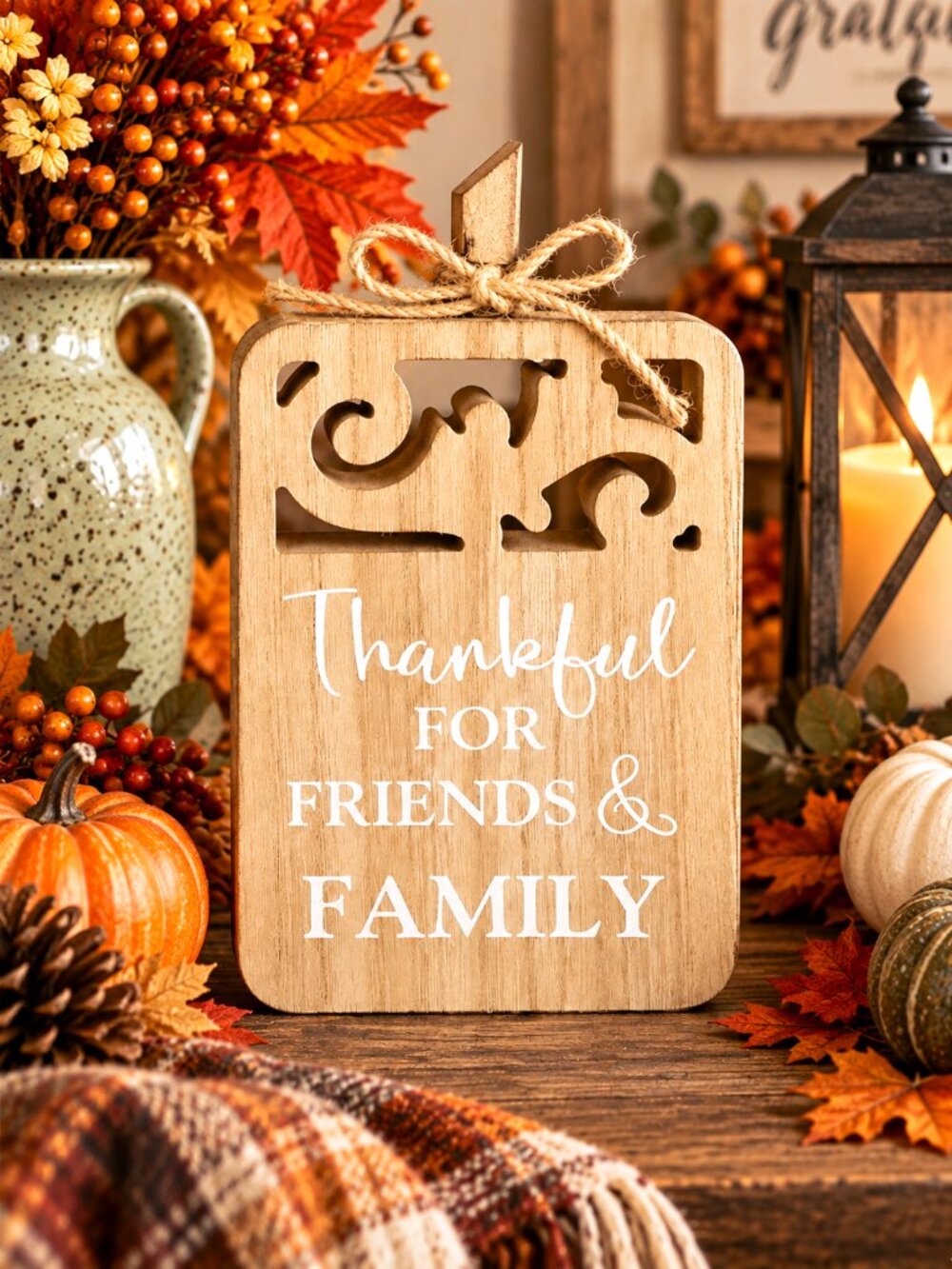 Thankful Friends & Family Wooden Fall Thanksgiving Farmhouse Pumpkin Sign Décor